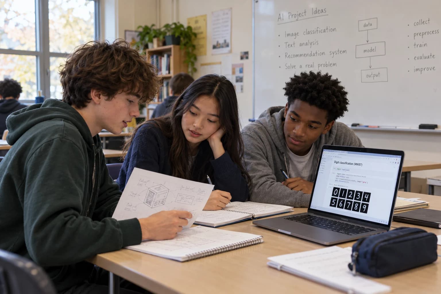 AI-generated photographic-style concept scene of students discussing a machine-learning project.
